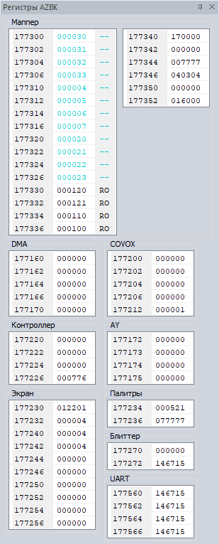 Окно регистров контроллера AZBK